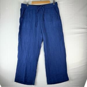 Pure Jill Cropped Navy Blue Linen Crinkle Textured Pull-On Pants Size Large Tall